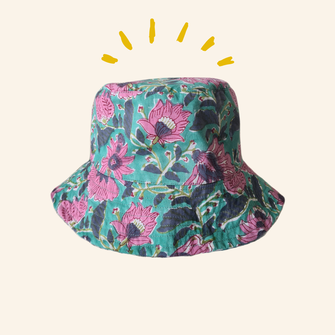 Block-Printed Bucket Hat - Teal/Sage Green