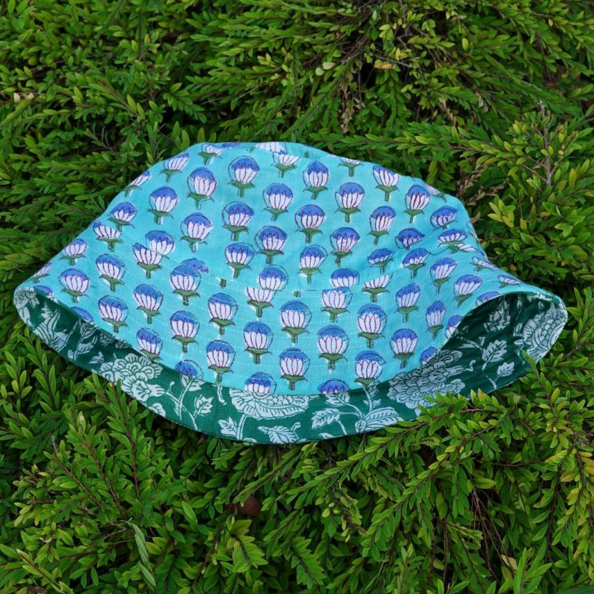 Block-Printed Bucket Hat - Green/Turquoise