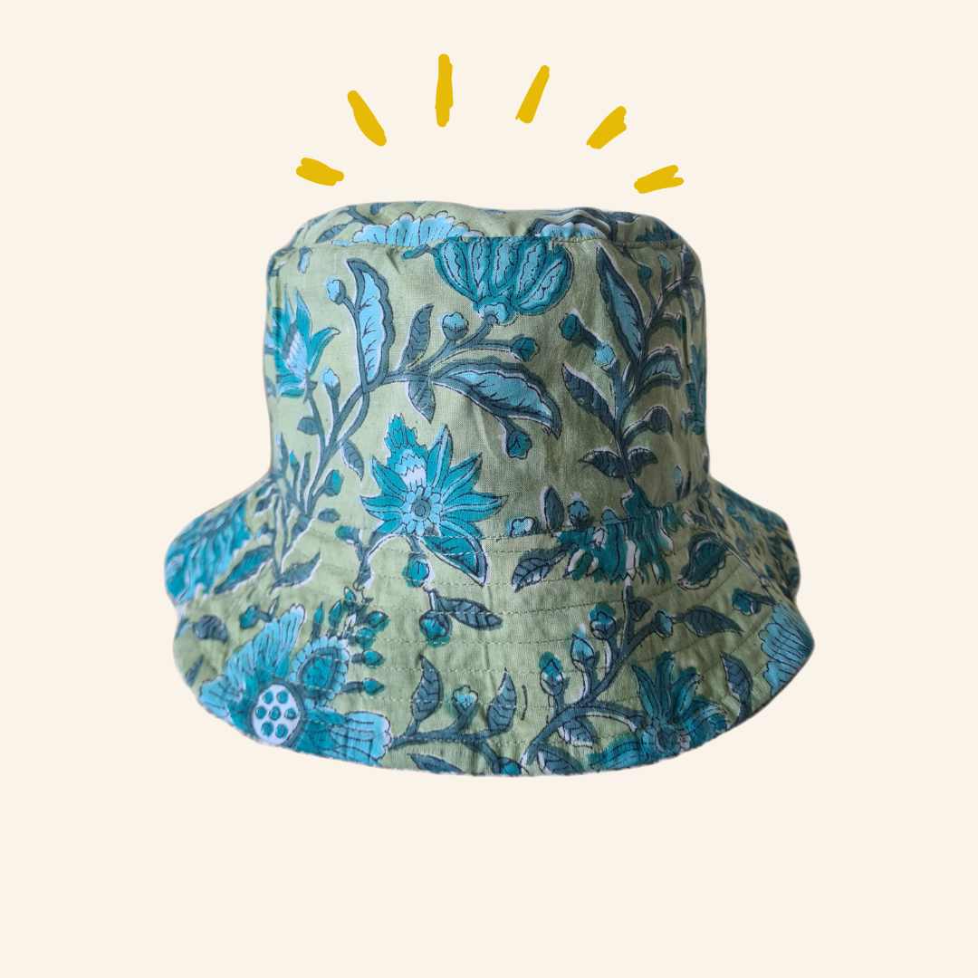 Block-Printed Bucket Hat - Teal/Sage Green