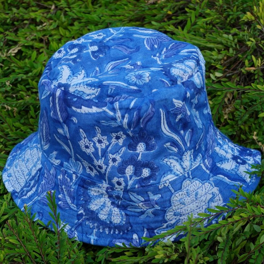 Block-Printed Bucket Hat - Blues