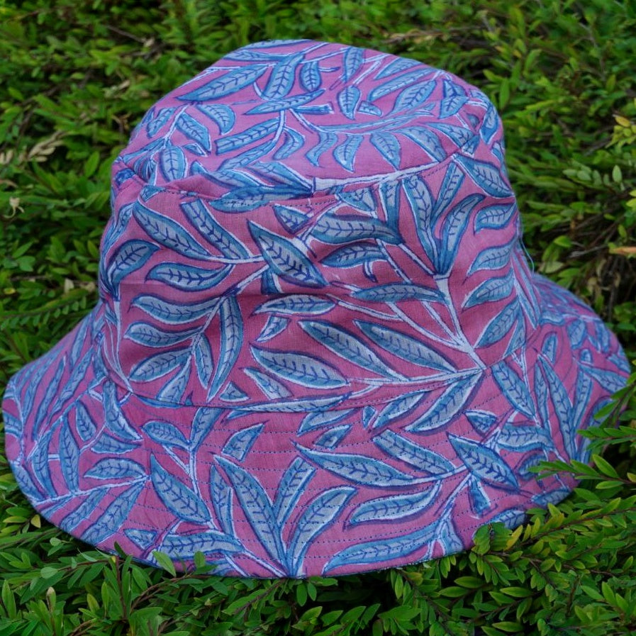 Block-Printed Bucket Hat - Mauve/Blue