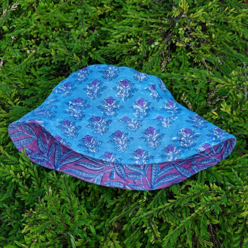 Block-Printed Bucket Hat - Mauve/Blue