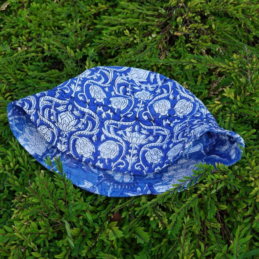 Block-Printed Bucket Hat - Blues