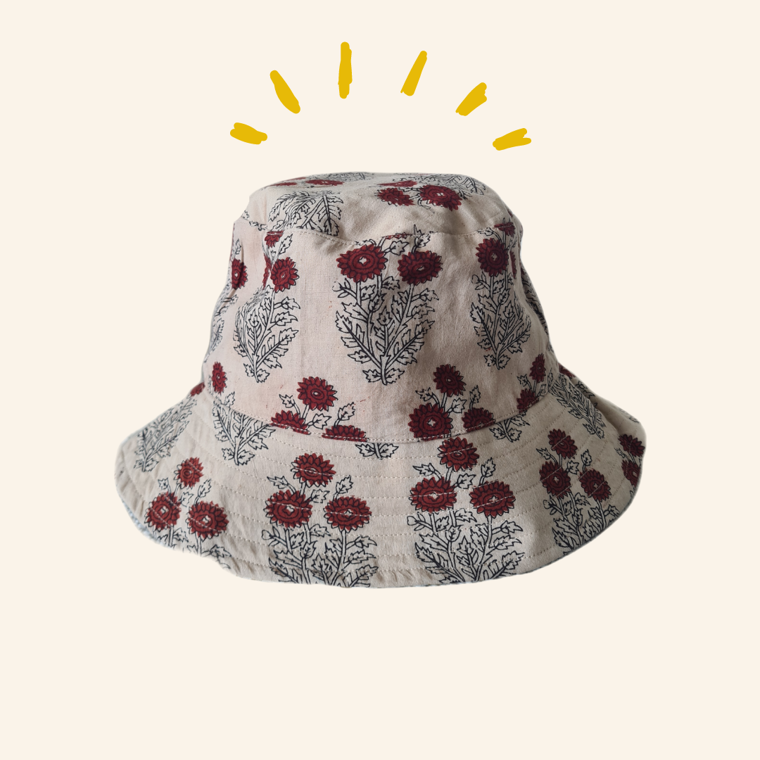 Block-Printed Bucket Hat - Beige/Mustard