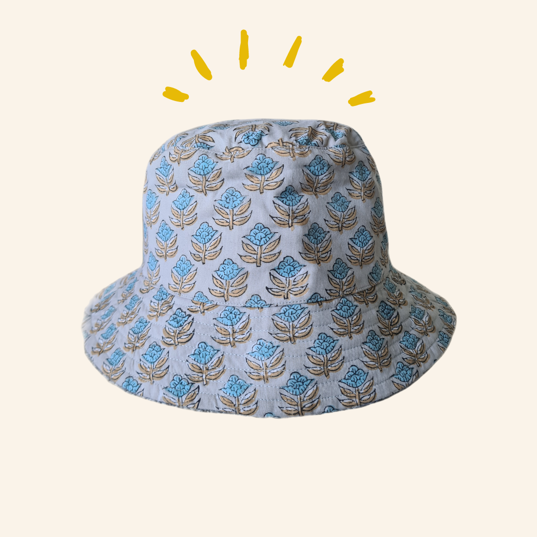 Block-Printed Bucket Hat - Greyish Blues