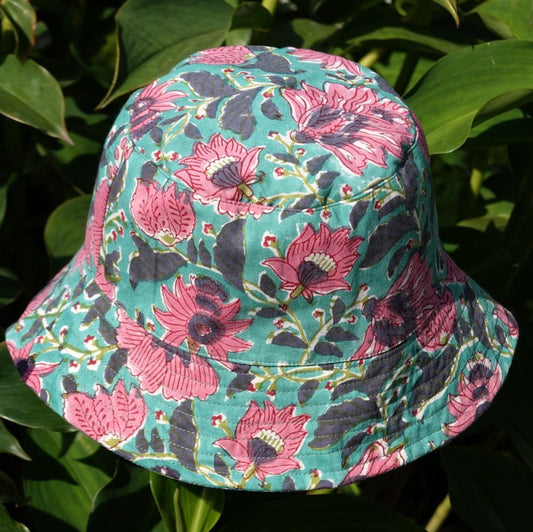 Block-Printed Bucket Hat - Teal/Sage Green